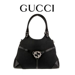 SOLD Gucci Black Canvas And Leather Shoulder Bag GG Silver Logo. SOLD